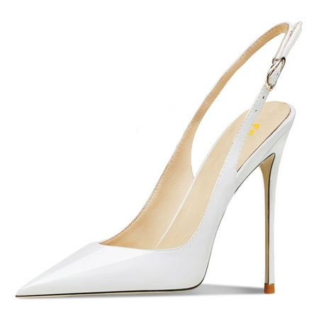 FSJ Women High Heels Pointed Toe Slingback Pumps Ankle Strap Stiletto Sandals Slip On Office Lady Party Dressy Shoes Size 5.5 White