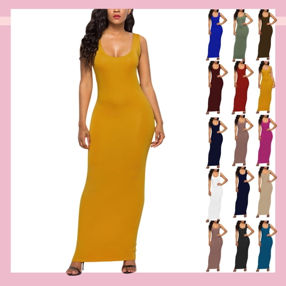 Vibrex Women's Summer Sleeveless Scoop Neck Solid Maxi Dress - Stretchy Bodycon Long Dress for Daily, Beach, Date Night & Casual Outings,Yellow_S