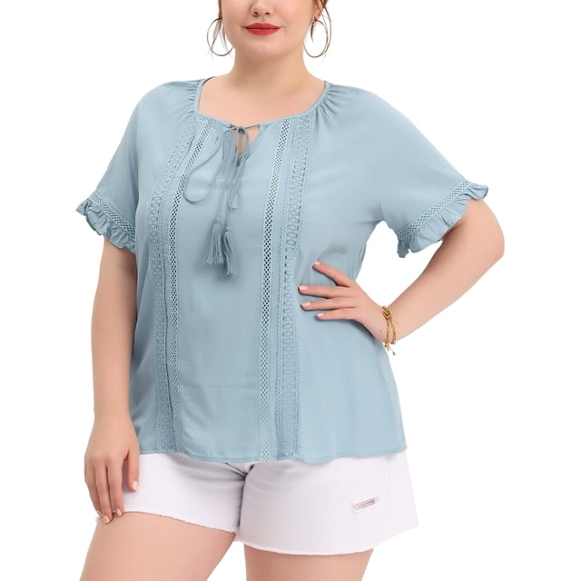 Camisas de mujer de talla grande GRACE & GRANDEUR con flecos, blusas de encaje con mangas acampanadas, 2X azul