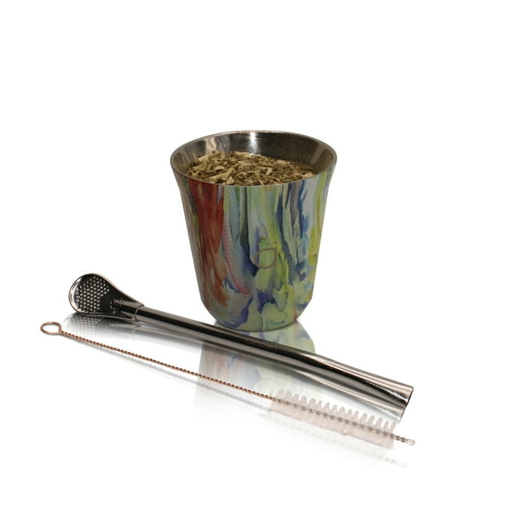 Kalmateh Modern Petite Yerba Mate Gourd - Double Walled 18/8 Stainless Steel- Includes Bombilla and a Cleaning Brush-5oz (Flower Power)
