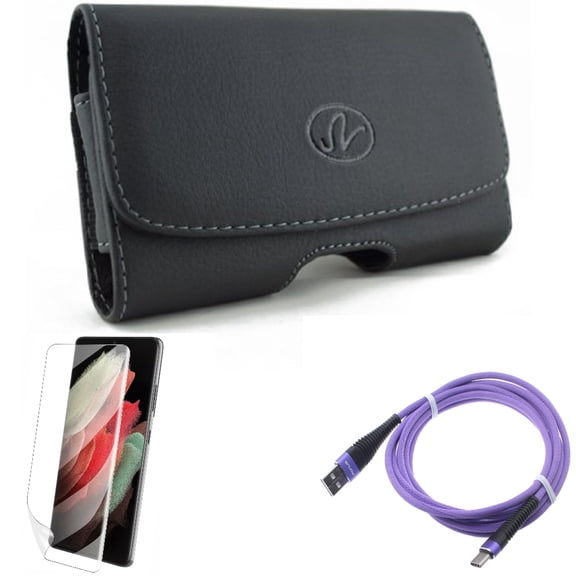 Case Belt Clip w Matte Screen Protector w 10ft USB Cable for Samsung Galaxy S21 Plus - Leather Swivel, TPU Film Anti-Glare, Purple Type-C Accessory Bundle