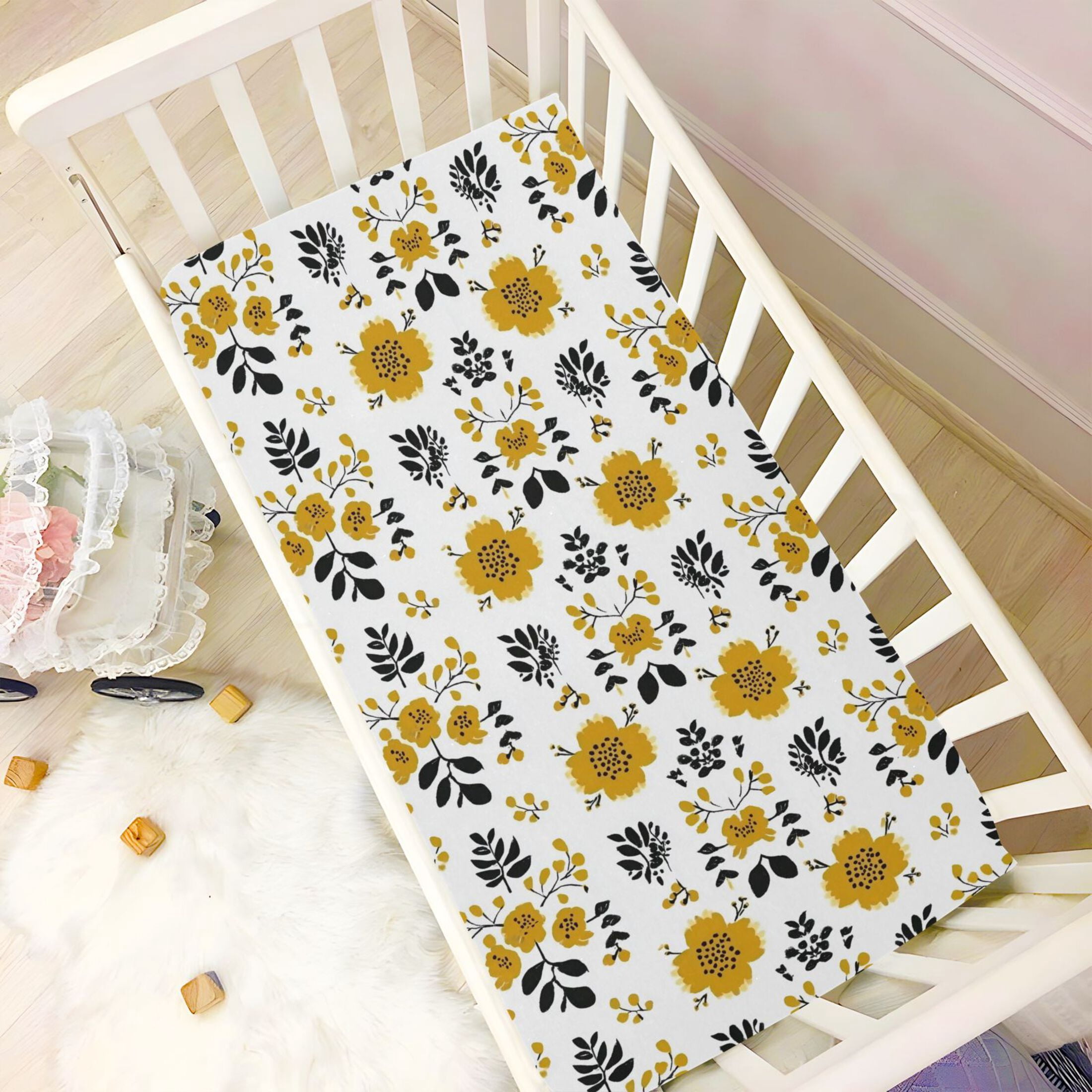 Baby Essentials 52”x 28”- Standard Cotton-like Modal Elastic- Vector Floral Pattern Design Crib Sheets for Newborns and Toddlers