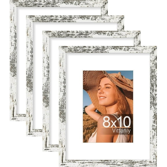 chalian 8x10 Picture Frame Set of 4, Display Pictures 5x7 with Mat or 8x10 without Mat, Photo Frames for Wall or Tabletop Display, Distressed White
