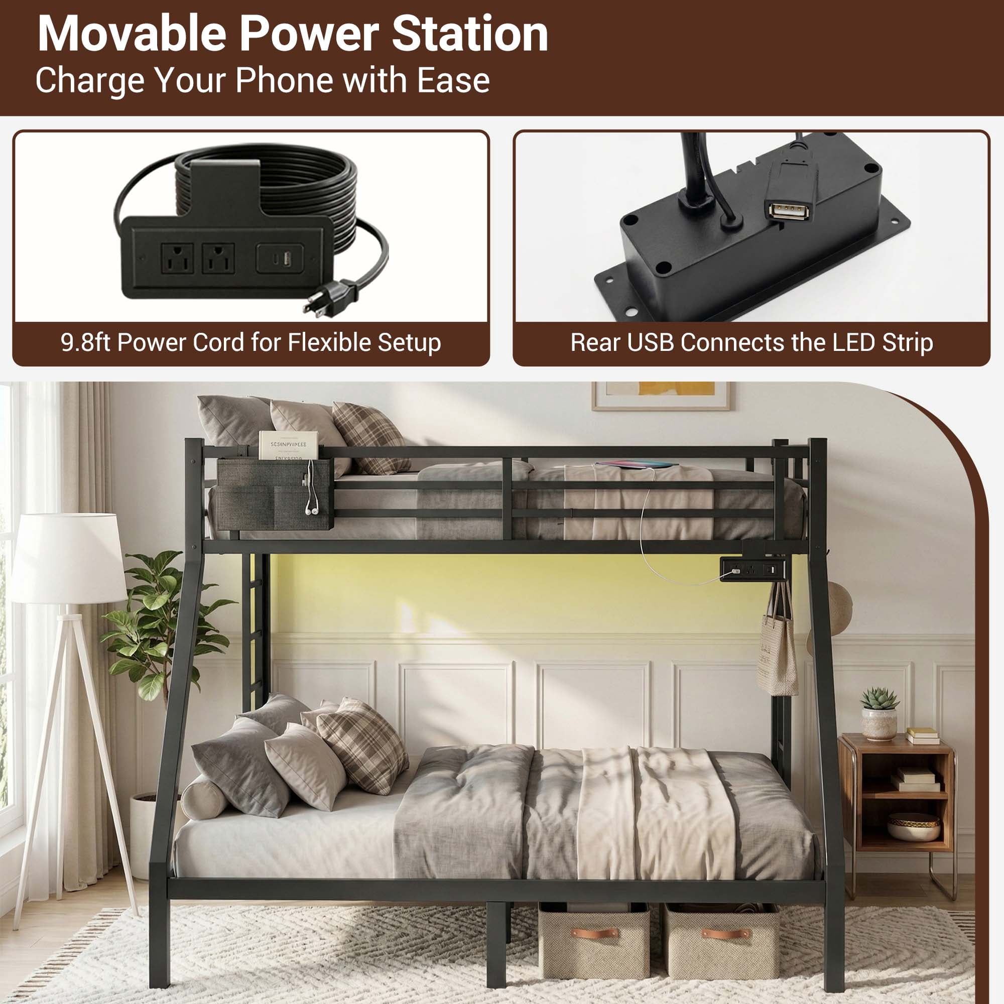 Miniyam Twin Over Full Metal Bunk Bed with Charging Station, LED and Storage for Teens and Adults, Black