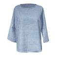 thumbnail image 4 of MIXUE Womens Summer Tops Linen Solid Color Striped Round Neck 3/4 Sleeve Loose Pullover Tshirts Outwear,Blue,M, 4 of 4