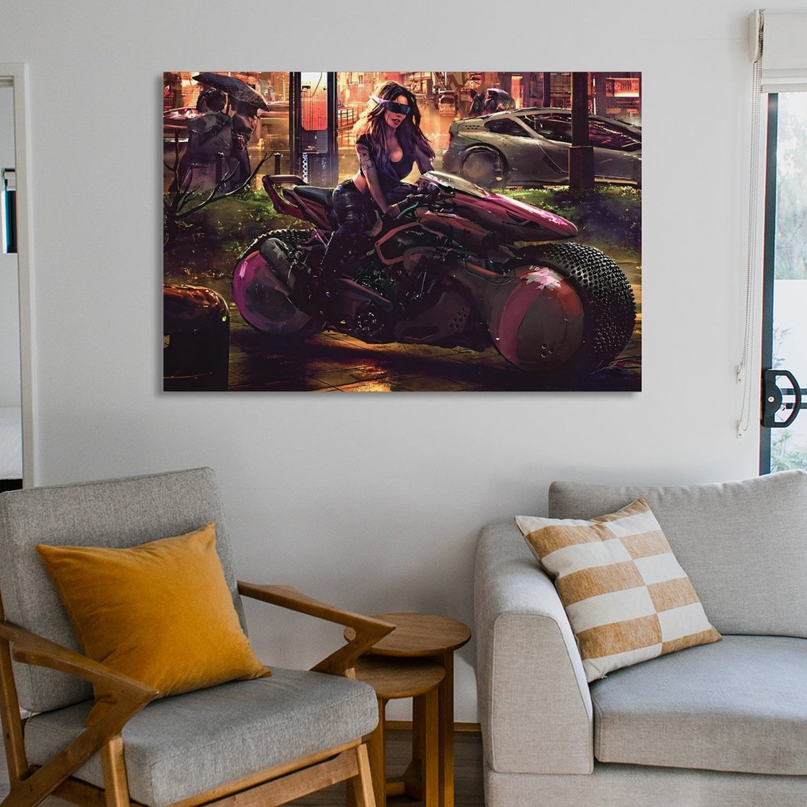 Canvas Prints Wall Art - Motorcycle/Motor Bike in Black and White Vint Abstract Motorcycle, Green Waves Painting Canvas Prints Wall Art