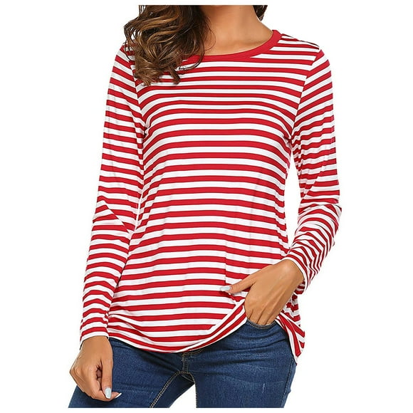 UJNDER Striped Seersucker Long Sleeve T-Shirt Men and Women Round Neck Line Tops for Women Unisex Style Red XXL
