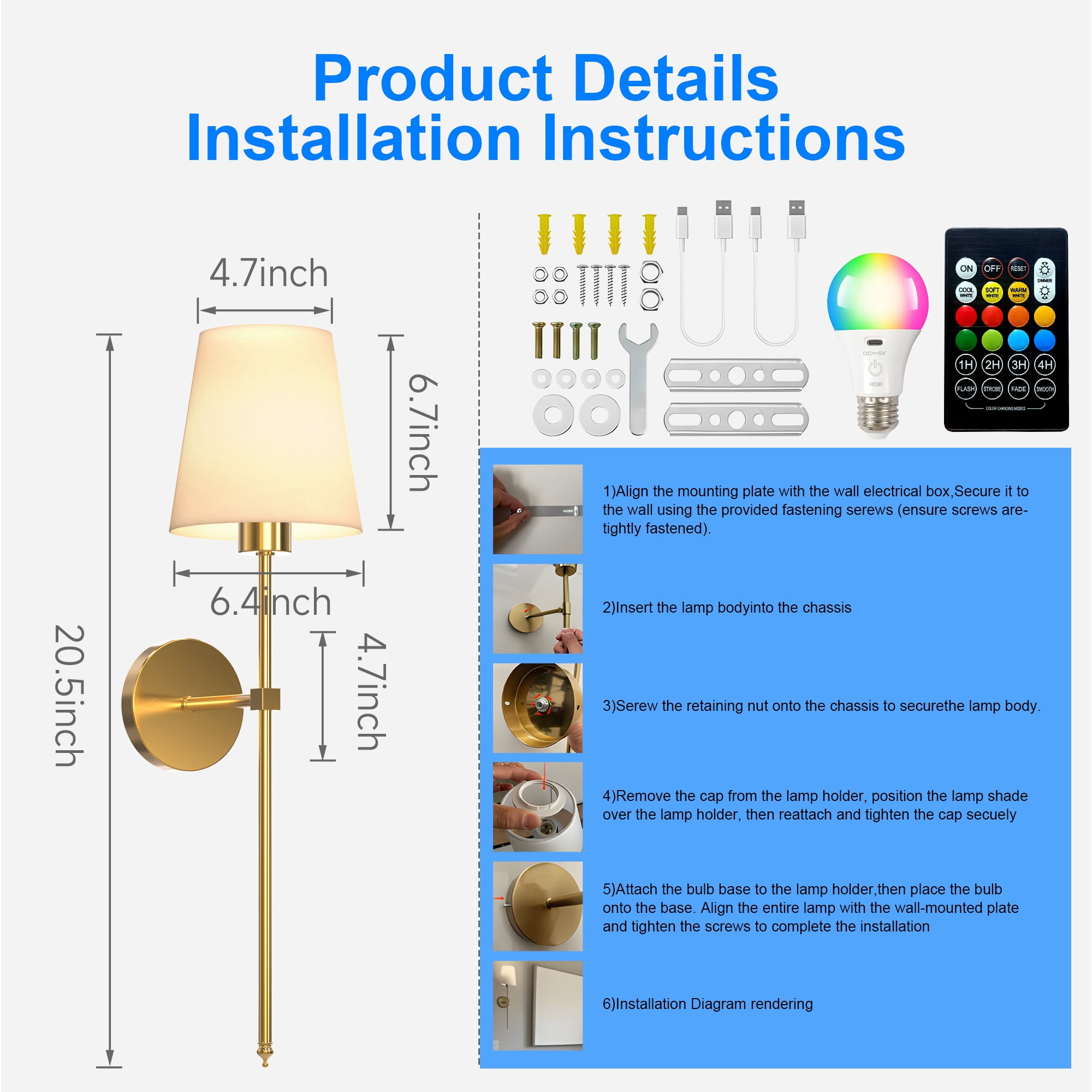 DAYBETTER Battery Operated Wall Sconces Set of 2, Wireless Rechargeable 3 Color Temperature + RGB Indoor Wall Lights, 10 Brightness Level Remote Wall Lamps for Bedroom, Living Room Night Light