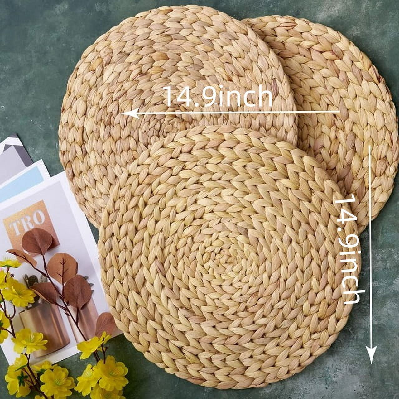 Round Woven Placemats Set of 4, 14.9" Large Woven Place Mats, Natural Wicker Placemats, Water Hyacinth Straw Braided Placemats, Heat Resistant Placemats for Dining Room Table & Countertops