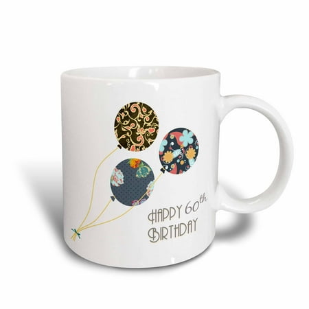 Happy Birthday Coffee Mug - 3dRose Happy 60th Birthday - Modern stylish floral Balloons. Elegant black brown blue 60 year old Bday - Ceramic Mug, 15-ounce