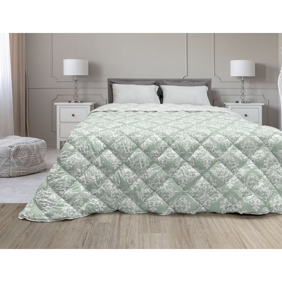 Abstract Down Alternative Comforter, Rhythmic Flowers Leaves Minimalist Blossom on Plain Backdrop Illustration, Microfiber Quilt for All Season, 5 Sizes, White and Pale Grey, by Ambesonne