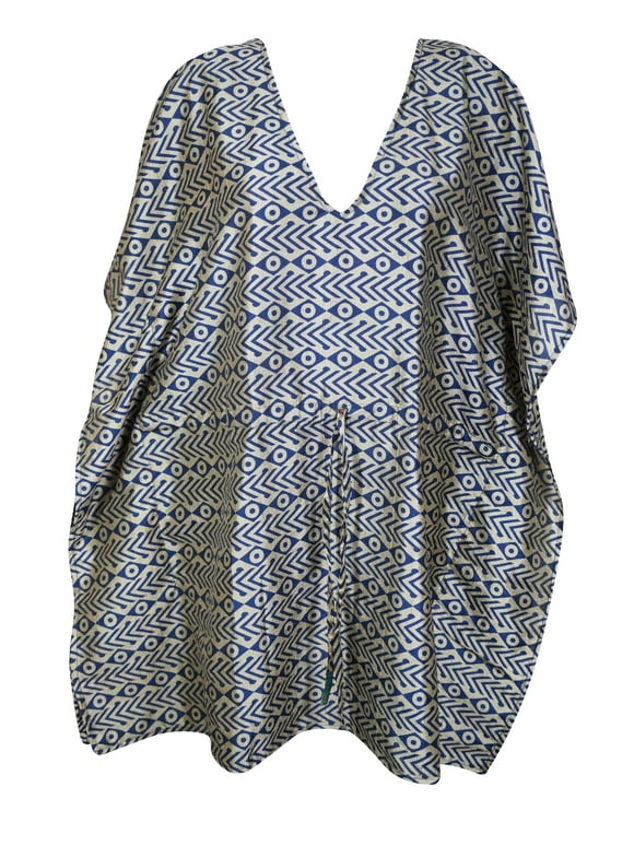 Mogul Womens Silk Midi Kaftan Dress Gray Printed Dress M-XL