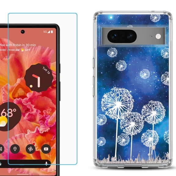 Slim-Fit Gel TPU Phone Case for Google Pixel 7, with Tempered Glass Screen Protector, by OneToughShield ® - Dandelion Stars
