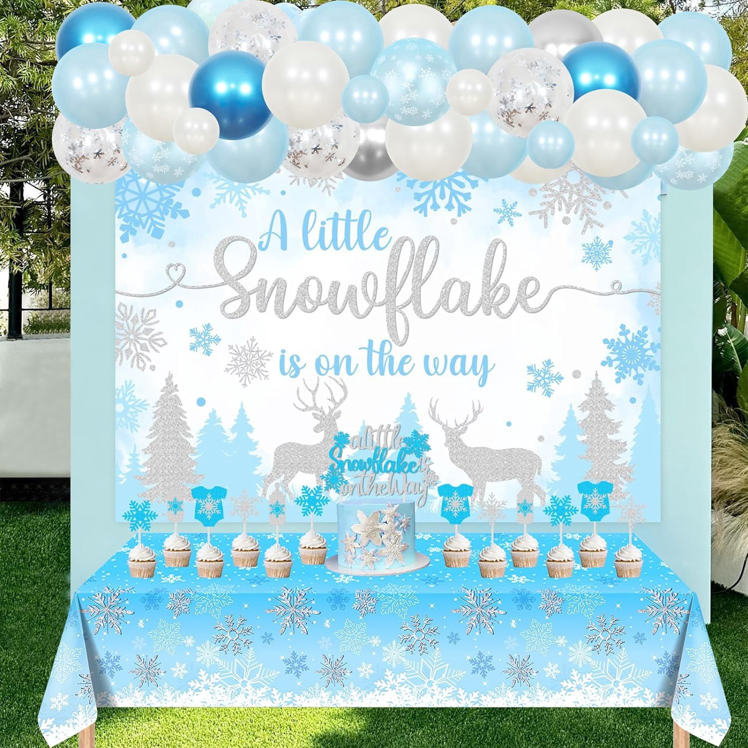 Snowflake Baby Shower Decorations, A Little Snowflake Is On The Way Backdrop Cake Topper Snowflake Balloon Garland Arch Kit Tablecloth Blue for Boys Winter Baby Shower Party Supplies