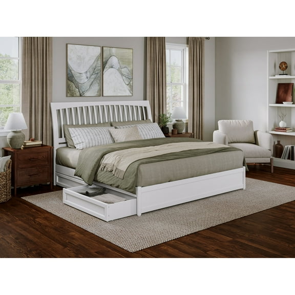Roslyn King Platform Bed with Panel Footboard & 2 Storage Drawers in White