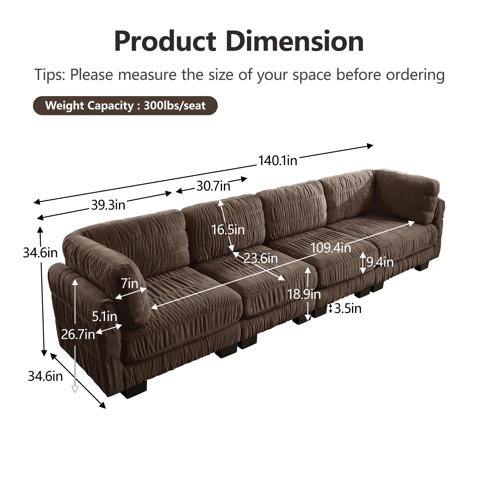 140" 4 Seat Ruched Chenille Modular Sectional Sofa with L Shape Back Cushions,Easy Assembly