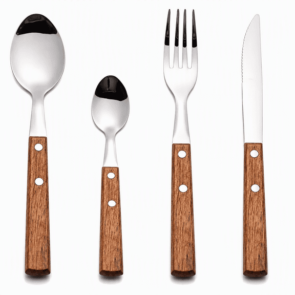 16-Piece Wood Handle Silverware Set, Stainless Steel Flatware with Dinner Knives, Forks, Spoons