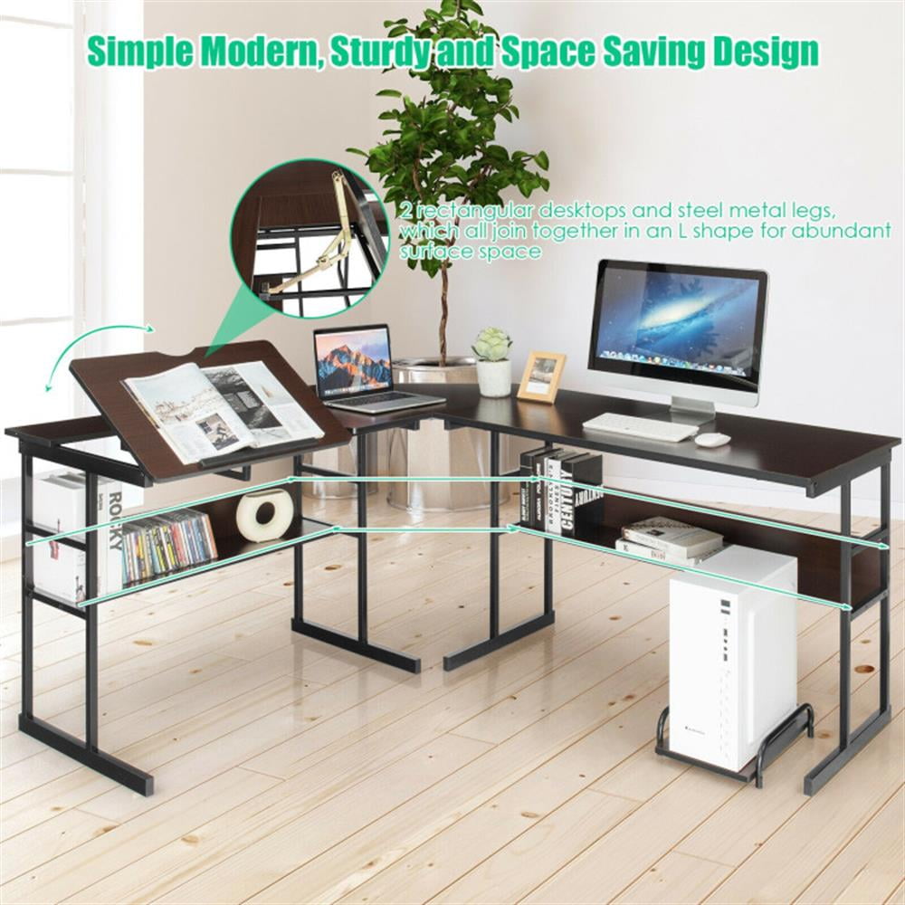 Demi Bonn L-Shaped Computer Desk with Tiltable Tabletop, Small Home Office Desk Study Writing Table, Brown