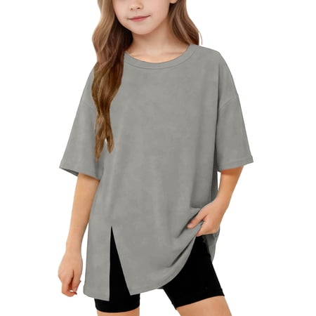 PiGOGI Kids Solid Color Loose Short Sleeve Top Slit Hem Casual T-Shirt Soft Breathable for Boys Girls Gray 8-9Years