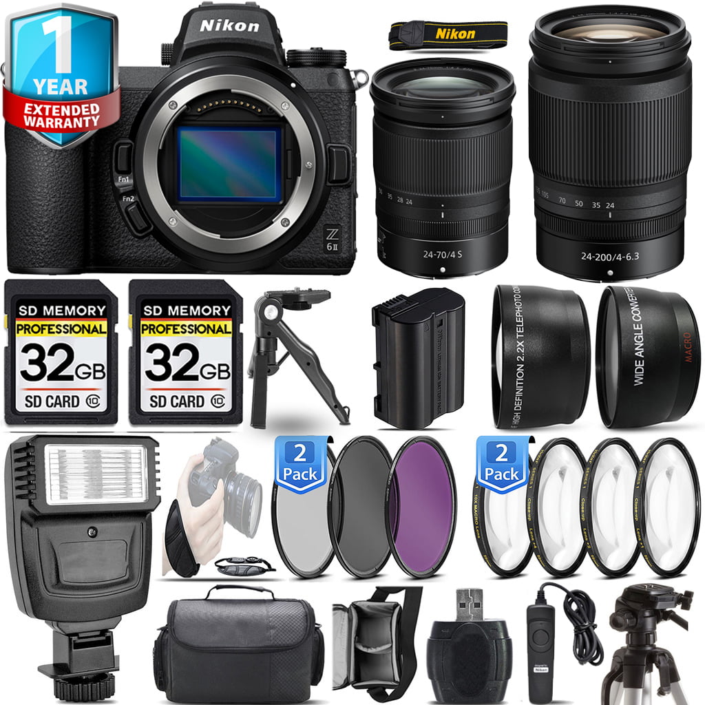 Nikon Z6 II Mirrorless Camera with 24-200mm f/4-6.3 VR Lens + 24-70mm f/4 S  Lens + Flash + 64GB Kit