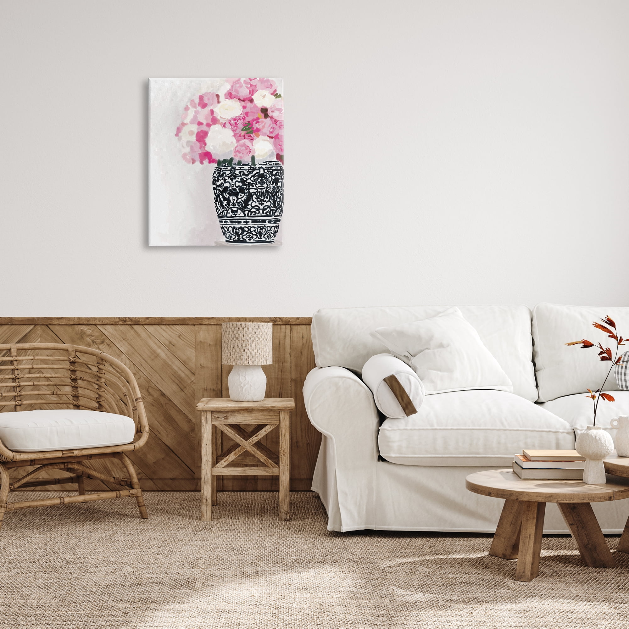 Stupell Industries Soft Pink Carnation Blooms Ornate Pattern Pottery Vase Graphic Art Gallery Wrapped Canvas Print Wall Art, Design by Amelia Noyes