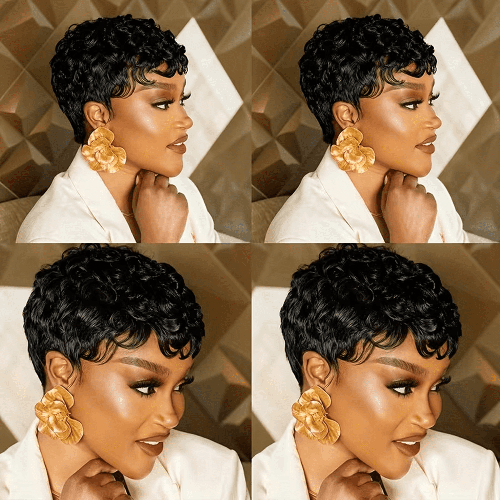 Short Pixie Cut Wig Human Hair Glueless Pixie Cut Wigs Layered Curly Wavy Full Machine Made Wigs With Bangs Natural Black Color for Daily Use