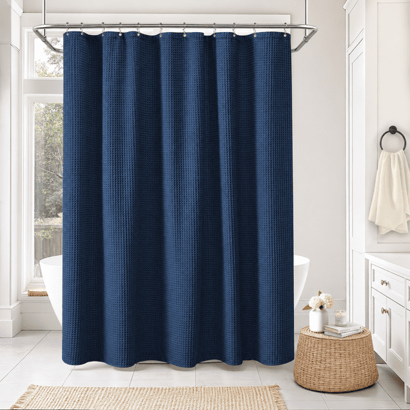 72"x72" Navy Blue Shower Curtain, Waffle Textured Thick Fabric Shower Curtains for Bathroom, Polyester Cloth Bath Curtain with 12 Plastic Hooks