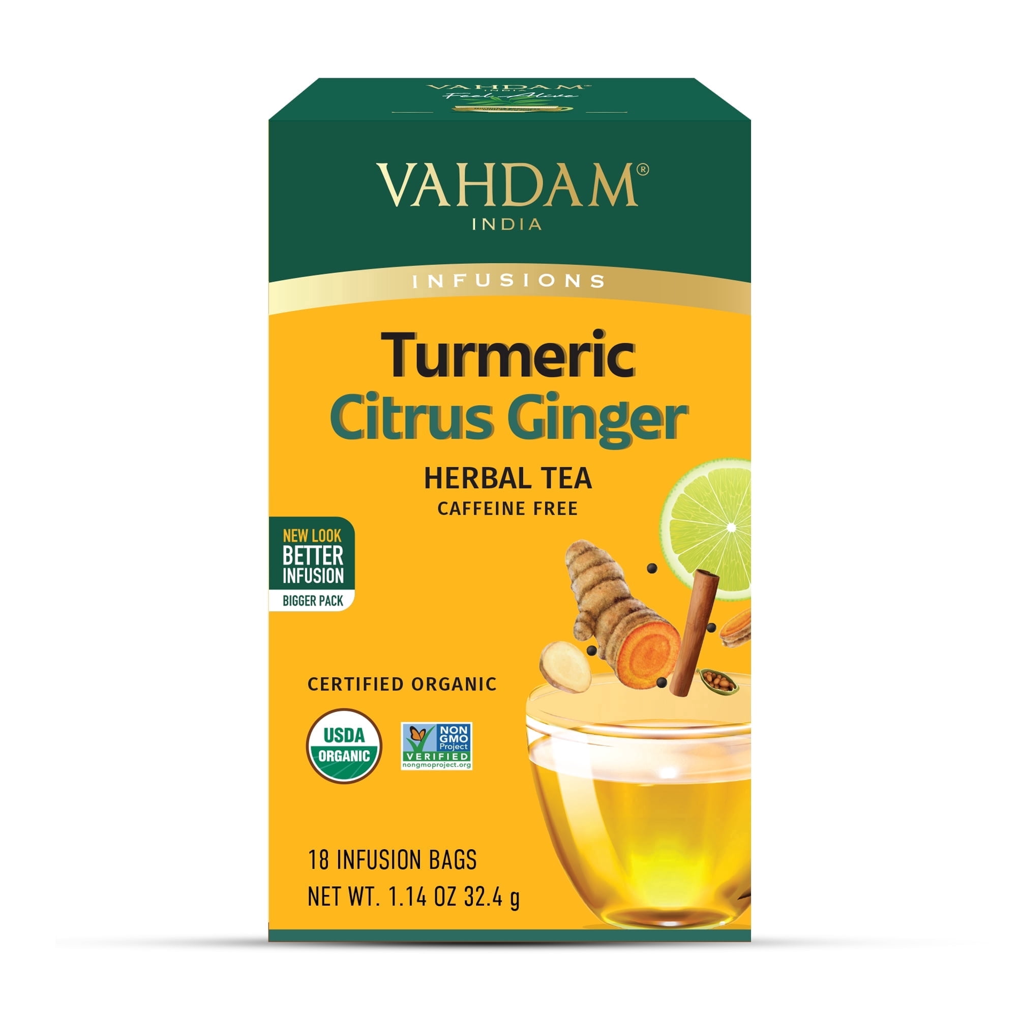 VAHDAM Organic Turmeric Citrus Ginger Herbal Tea, 18 Tea Bags | Caffeine-Free Herbal Infusion, Non-GMO, Gluten-Free