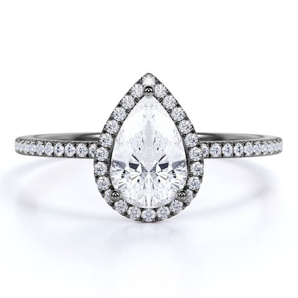 JeenMata Anillo de Compromiso de 1 Quilate con Corte de Pera - Anillo de Bodas - Anillo de Halo - Anillo Pavé - Anillo de Promesa - Baño de Oro Negro de 18 K sobre Plata
