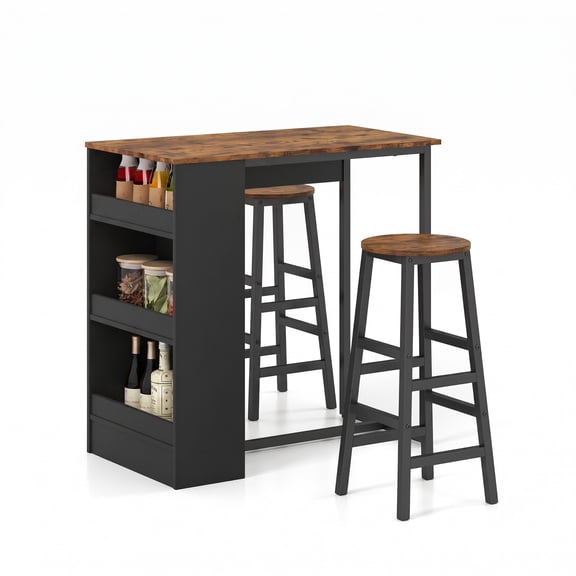 Furnibear 3-Piece Bar Table Set with Storage Shelf, Industrial Counter Height Pub Dining Table and 2 Stools for Kitchen Dining Room Restaurant, Space-Saving Bar, Brown