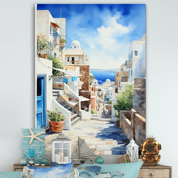 Designart "Dreams of Santorini Village Greek Isles I" Landscapes Canvas Wall Art - Country White Greece Hallway Wall Art Decor