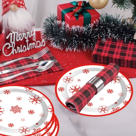 16Pcs Christmas Farmhouse Plates and Napkins Christmas Old Fashion Tableware Set Xmas Tree Candy Canes Disposable Dinnerware Set Winter Holiday Birthday Party Supplies Decorations