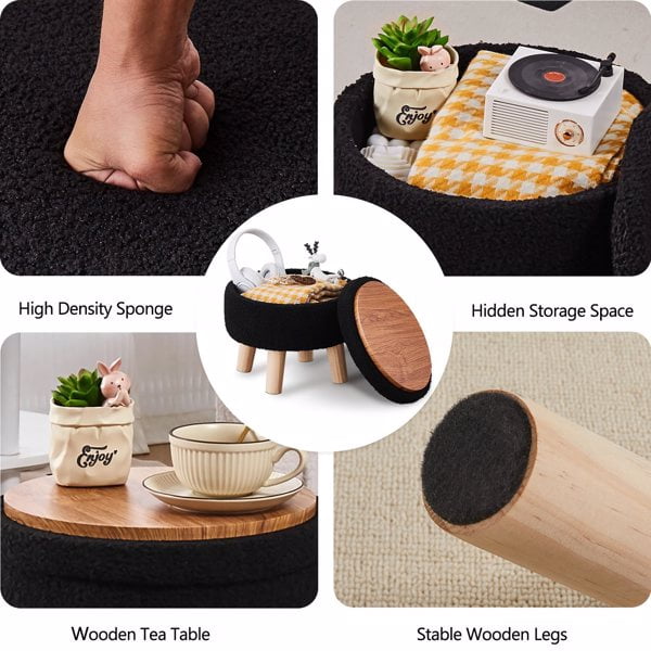 Storage Ottoman, Modern Round Footrest with Soft Padded Seat, Teddy Velvet Footstool with Wood Legs, Accent Small Table or Plant Stand for Hallway, Living Room (Black)