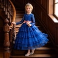 thumbnail image 2 of ZHOGXU Kids Elegant Girls Princess Dress Lightweight Mesh Layered Gown With Long Sleeve Soft Satin Bow Belt Birthday Party Outfit, 2 of 9