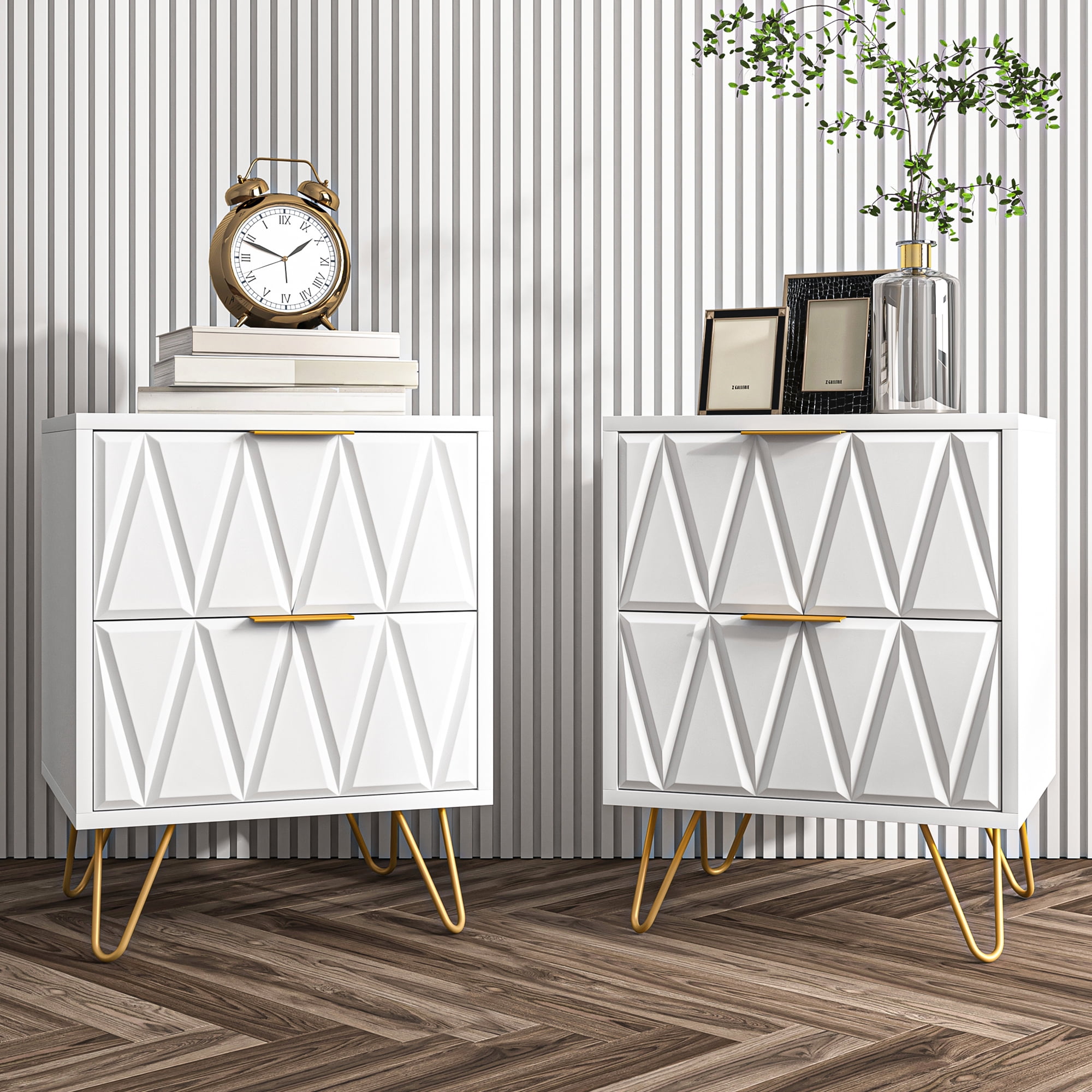Yardi Yard White 2 Drawer Nightstand Set of 2 for Bedroom, Accent Rectangle Bedside Table with Golden Metal Legs Yardi Yard White 2 Drawer Nightstand Set of 2 for Bedroom, Accent Rectangle Bedside Table with Golden Metal Legs