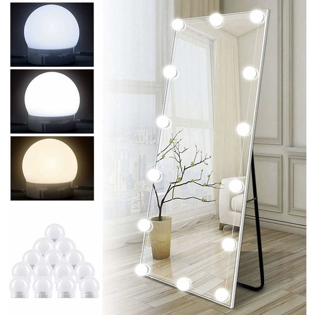 Kit de luces para espejos de 14 bombillas para tocador de maquillaje, espejo LED Hollywood regulable, lámpara de tocador USB con interruptor y cable, 3 colores y 10 niveles de brillo, iluminación adhe