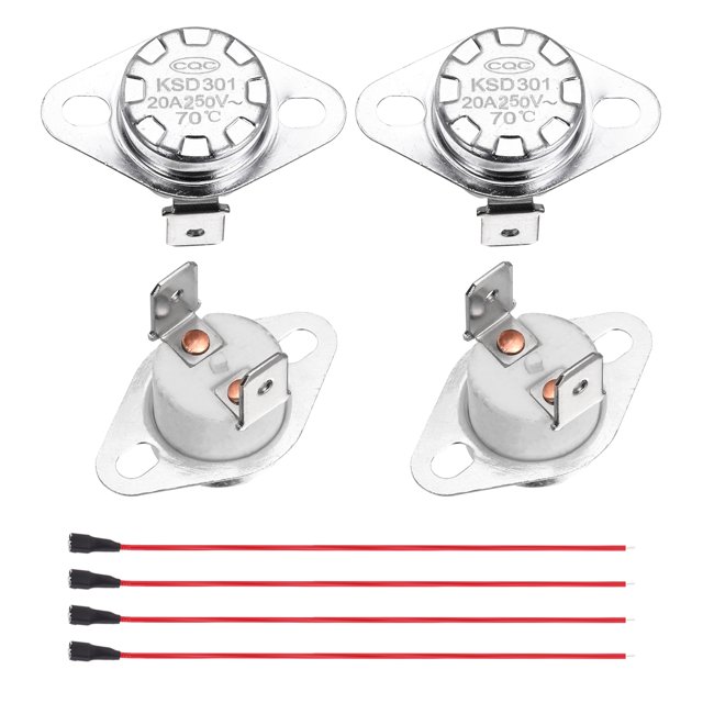 2 Pcs KSD301 Termostato 70°C/158°F 20A Normalmente Cerrado N.C Interruptor de temperatura de disco ajustable con cable terminal para microondas, horno, cafetera