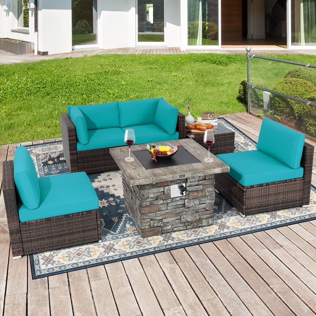Costway 6 PCS Patio Wicker Furniture Set 34.5" Fire Pit Table W/Cover Turquoise