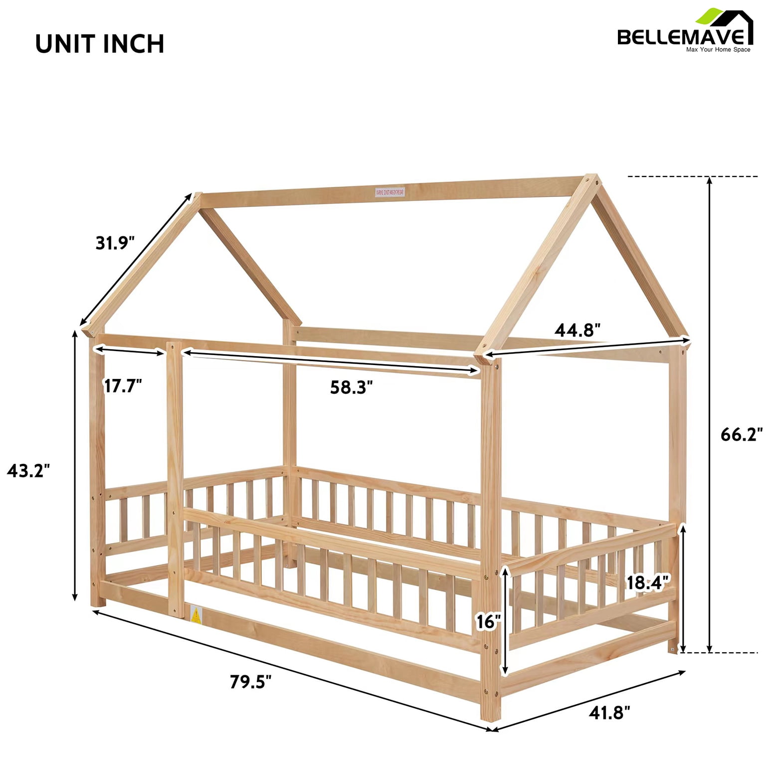 Bellemave Full Floor Bed, Wood Full Size House Bed Frame with Fence, Montessori Floor Bed for Bedroom（Natural)