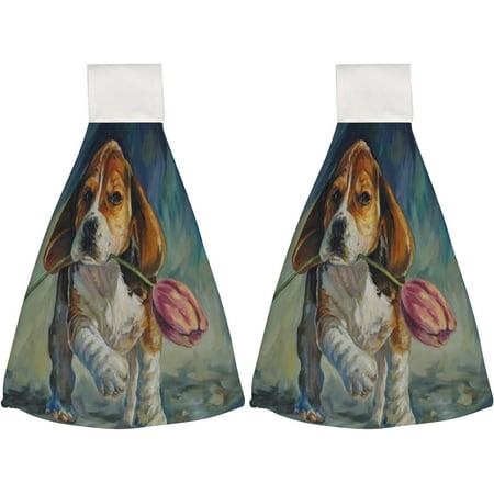 

2 Pcs Hanging Towels Dish Towels Oil Painting Dog with Tulip Absorbent Hand Towels with Hanging Loop Washcloth for Bathroom Kitchen