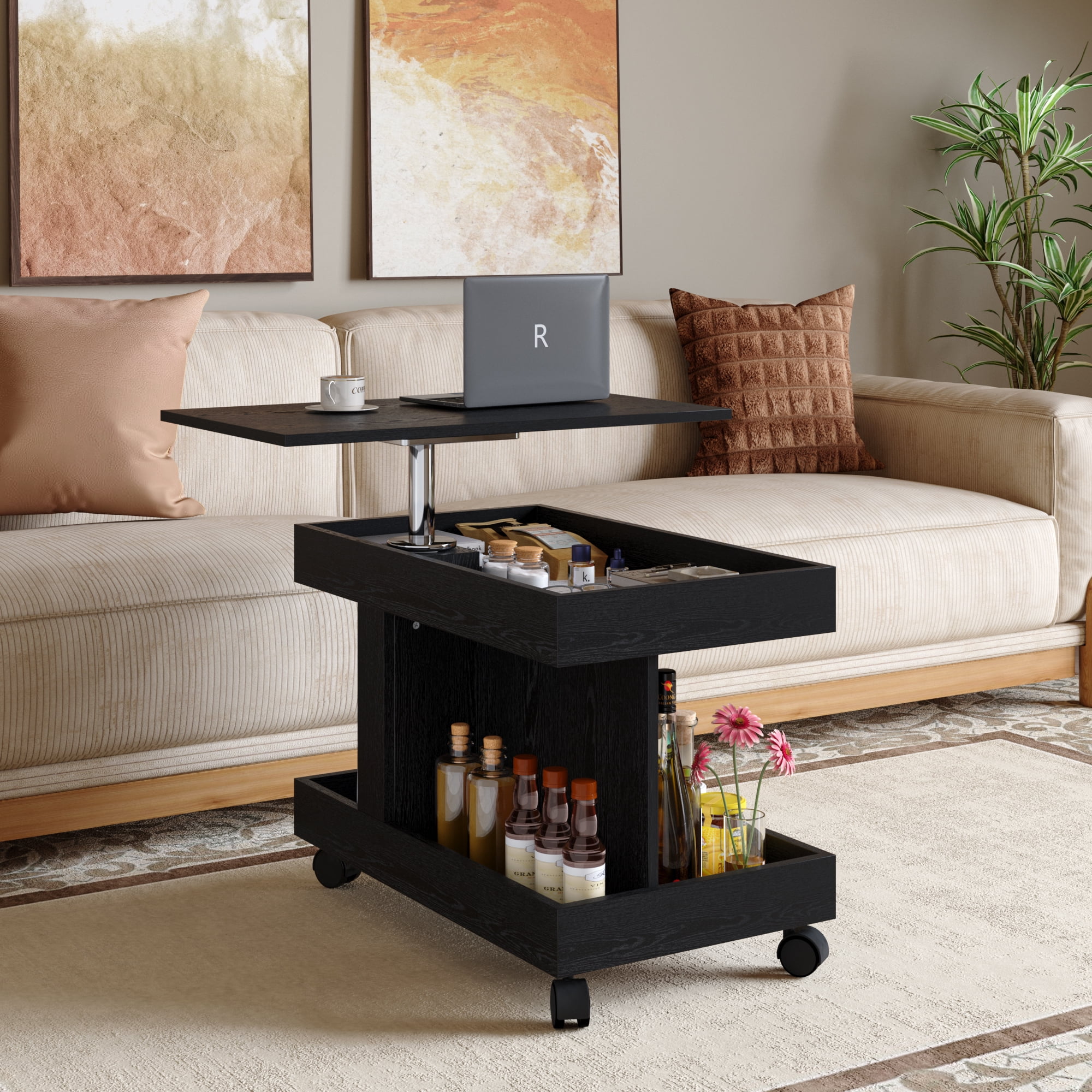 Small Coffee Table with Wheels, 360° Rotating Desktop Multi-Functional Side Table, Rolling End Table with Storage Compartment, Mobile Bedside Table for Living Room Bedroom Home Furniture, Black