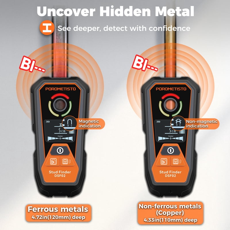 POROMETISTO DSF02 6-in-1 Stud Finders, Wire Family Finder with Light and Line Guidance, Type-C Charging, for AC Wiring, Wood, Metal, and Pipes, with Precision/Depth Mode