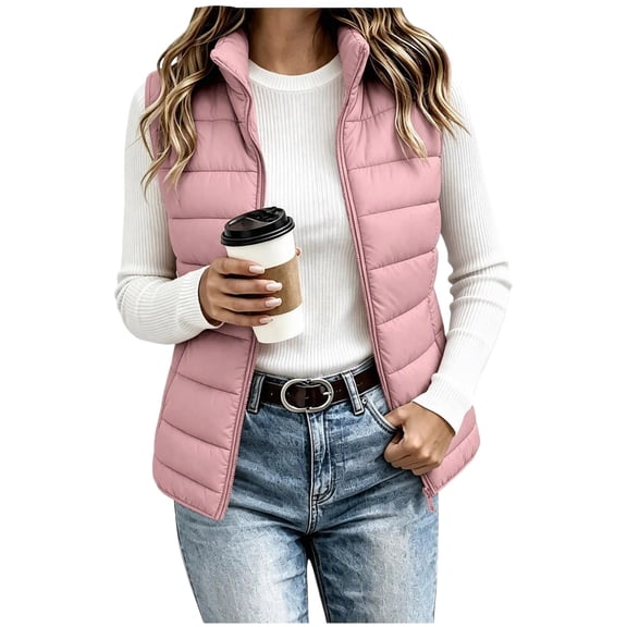 Women's Stand Collar Zip Up Puffer Vest Sleeveless Lightweight Quilted Gilet with Pockets Casual Outerwear for Fall Winter