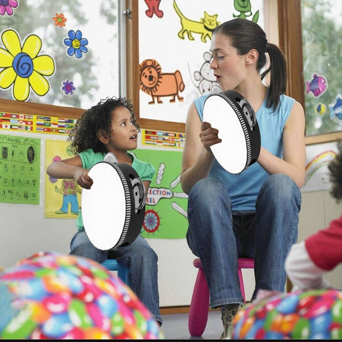 4Pcs Adult Hand Drum Set Double Row Hand Bell Drum Kit Wood Drum 4 Inch 6 Inch 8 Inch 10 Inch Handheld Drum
