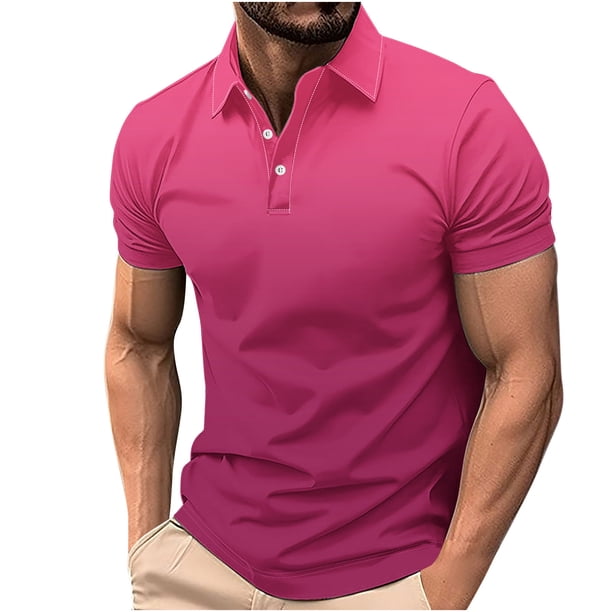 Camisetas de Manga Corta de los Hombres Casual Gradiente Solapa Botón Arriba Camiseta, Top Ligero para el Hogar, Uso Diario Y Cómodo