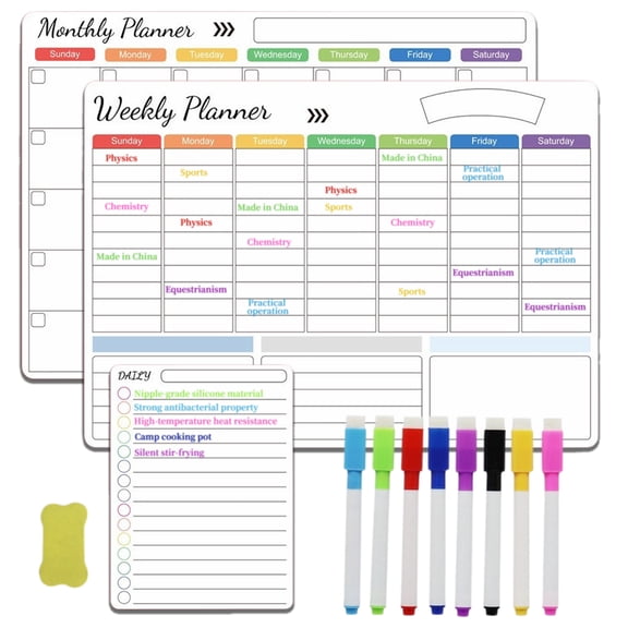 Magnetic Dry Erase Calendar for Fridge 3-in-1, Monthly Weekly Planner 16.5"×11.8" & Daily Planner 12"×8" with 8 Colored Markers & Eraser, Reusable Family Meal Planner for Kitchen Home Office