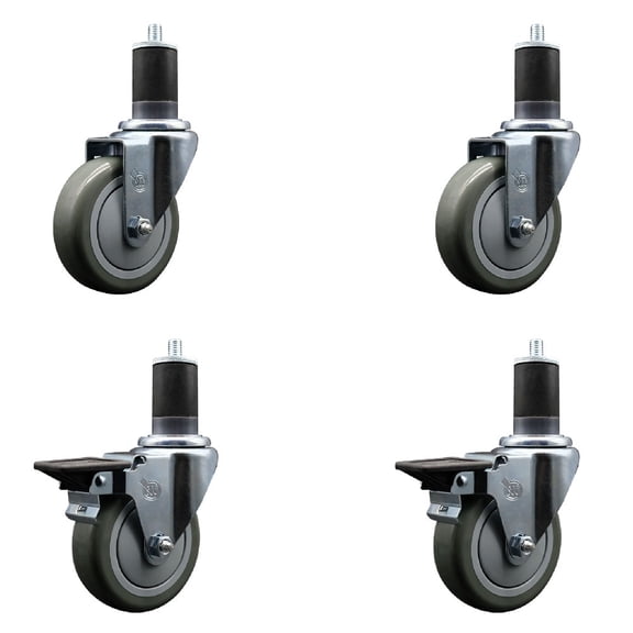 4 Inch Gray Poly Wheel Swivel 1-5/8 Inch Expanding Stem Caster Set 2 Brakes SCC