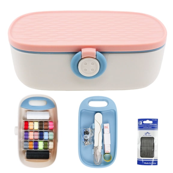 Sewing Project Kit for Adults-Plastic Sewing Box, Needle and Thread Kit, Sewing Accessories and DIY Sewing Supplies Organizer (Pink)