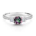 thumbnail image 3 of Gem Stone King 925 Sterling Silver Cushion Green Mystic Topaz and White Moissanite 3 Stone Engagement Ring for Women (1.33 Cttw, Gemstone Birthstone, Available in Size 5, 6, 7, 8, 9), 3 of 6