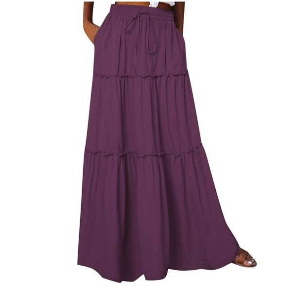 CLESALE Skirts for Women Casual Solid Color Long Skirts for Women Daily High Waist Softy Elastic Pleated Cargo Skirt Layered Drawstring Cute Maxi Skirt(Purple M)